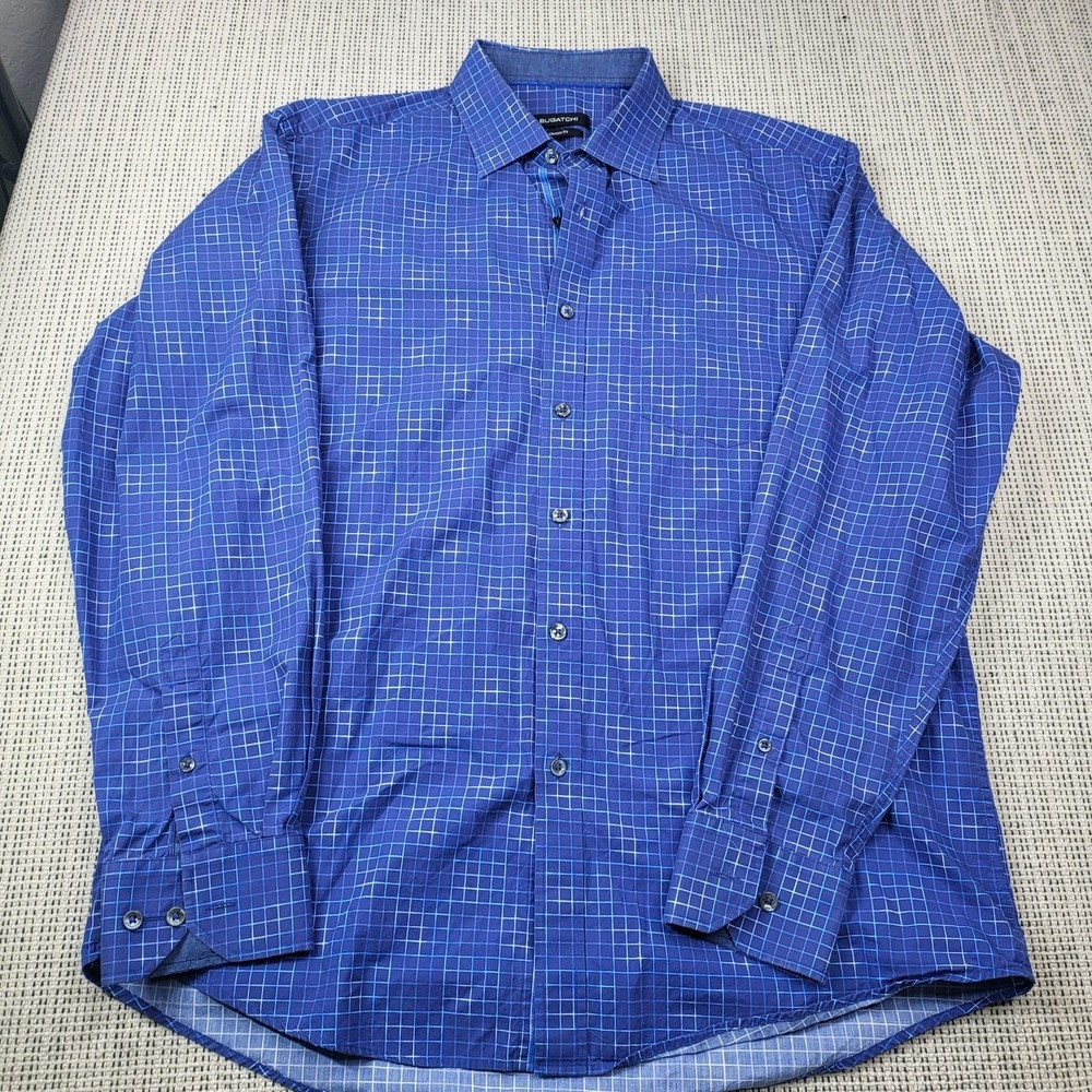 Bugatchi Dress Shirt Mens Large Blue Check Classic Fit Long‎ Sleeve Business